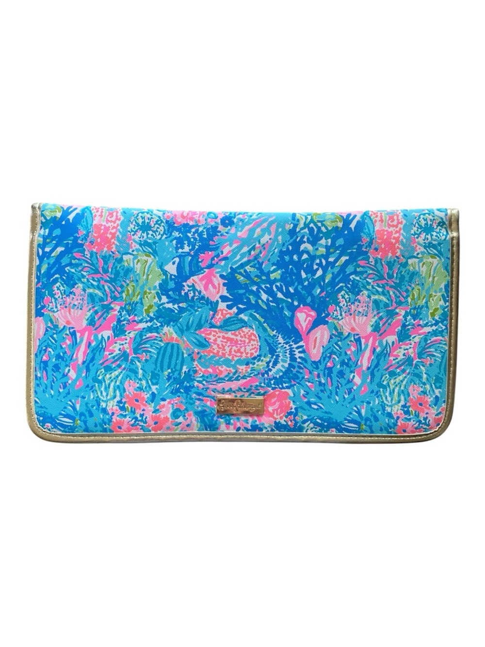 Lilly Pulitzer Sea Life Travel Wallet Clutch Blue Pink Gold Trim